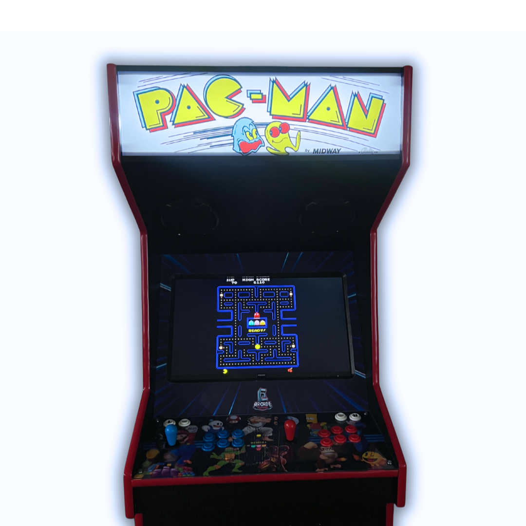 Front view of light-up Pac-Man marquee on custom retro arcade machine by Arcade Revival.