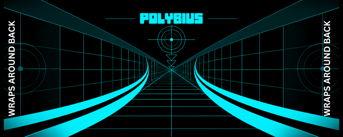 Polybius inspired arcade control panel overlay featuring cyan tunnel corridor and Polybius logo against a deep black grid backdrop for DIY arcade cabinet builds