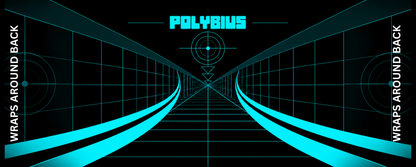 Polybius inspired arcade control panel overlay featuring cyan tunnel corridor and Polybius logo against a deep black grid backdrop for DIY arcade cabinet builds
