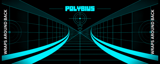 Polybius inspired arcade control panel overlay featuring cyan tunnel corridor and Polybius logo against a deep black grid backdrop for DIY arcade cabinet builds