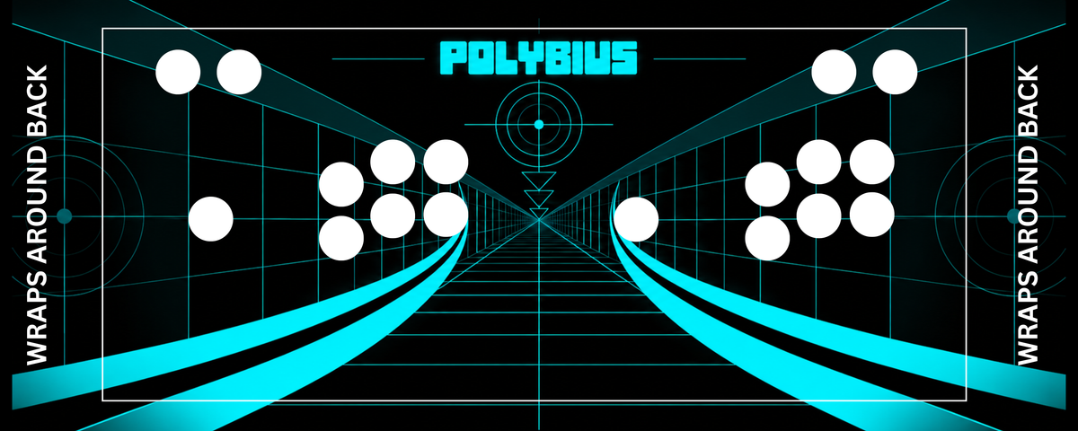 Polybius inspired arcade control panel overlay with 2 player button layout showing cyan tunnel corridor and Polybius logo for DIY arcade cabinet builds.