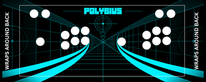 Polybius inspired arcade control panel overlay with 2 player button layout showing cyan tunnel corridor and Polybius logo for DIY arcade cabinet builds.