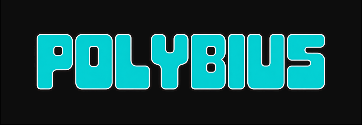 Polybius Urban Legend inspired arcade marquee featuring bold cyan Polybius logo against a deep black backdrop for arcade cabinets.
