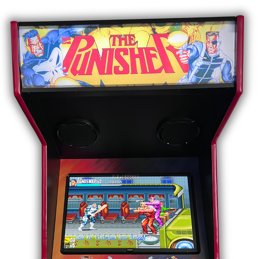 Backlit The Punisher arcade marquee reproduction installed on upright arcade cabinet with gameplay screen visible