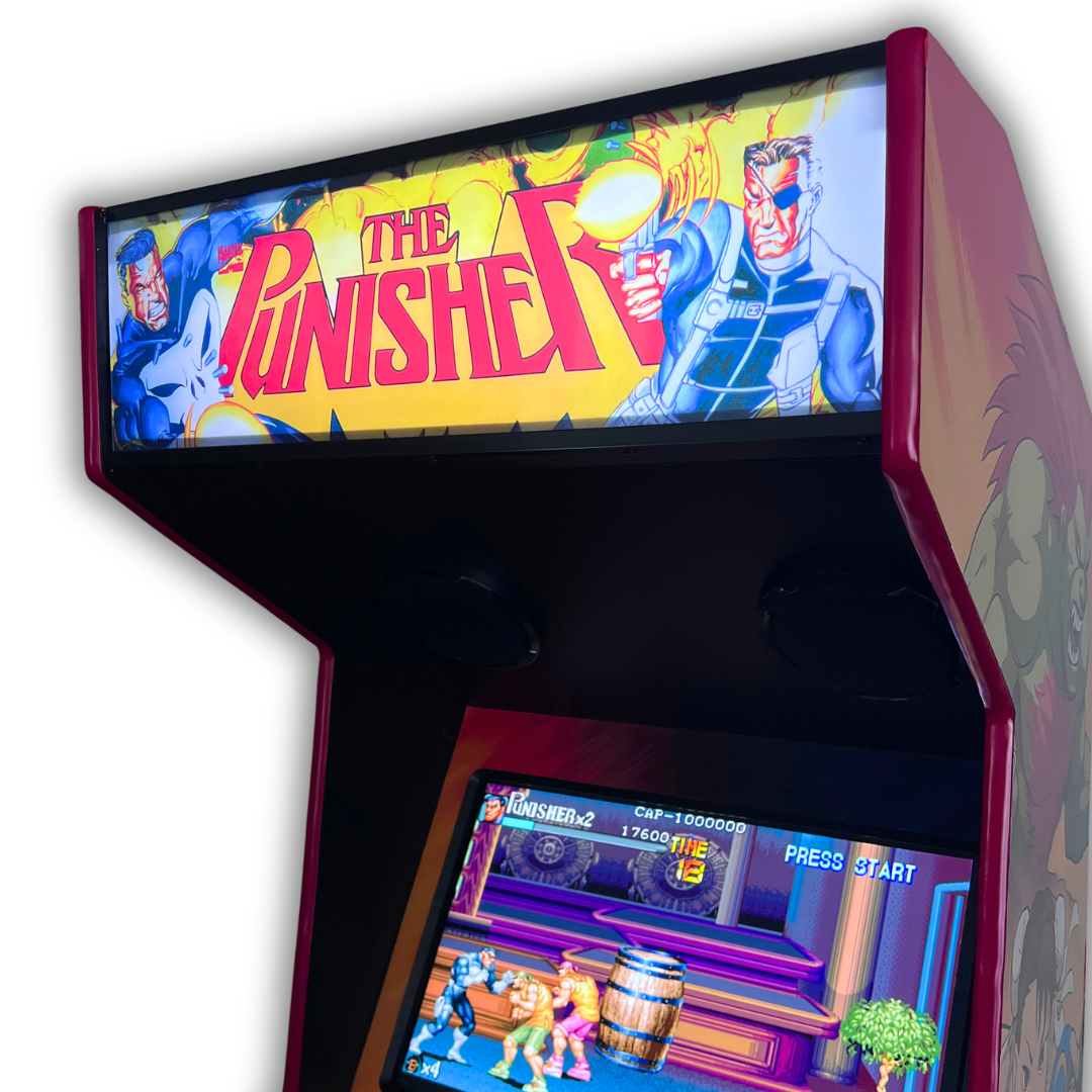 Close-up angled view of backlit The Punisher arcade marquee reproduction on upright cabine