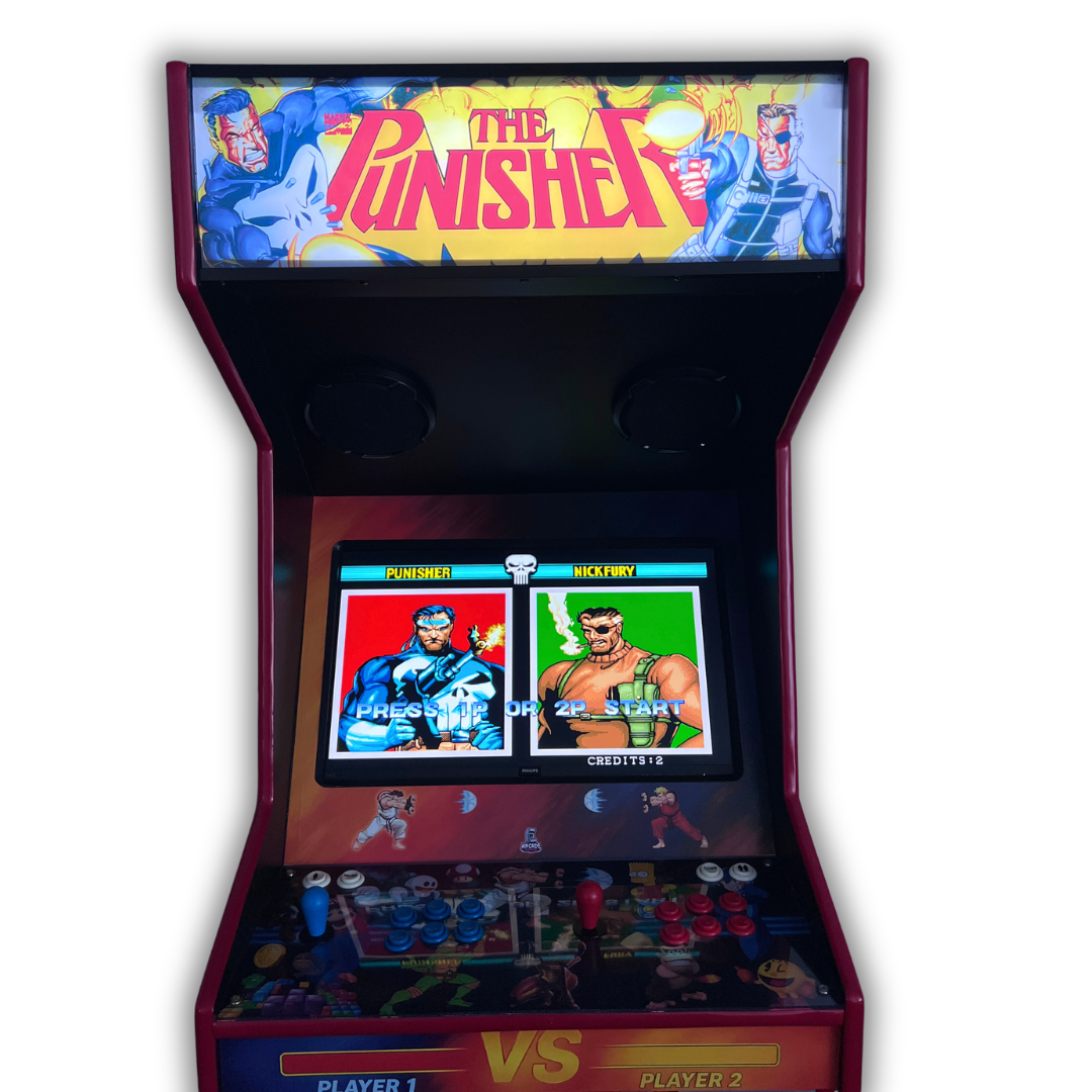 The Punisher arcade marquee reproduction mounted on custom upright arcade cabinet showing character select screen