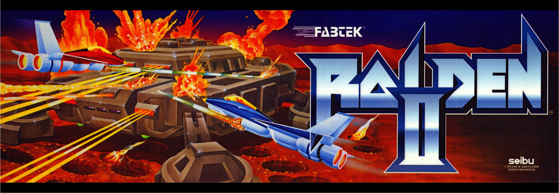 Raiden II arcade marquee reproduction featuring twin fighter jets and explosive battle artwork