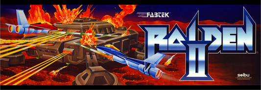 Raiden II arcade marquee reproduction featuring twin fighter jets and explosive battle artwork
