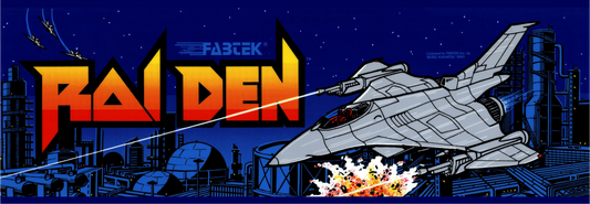Raiden arcade marquee reproduction featuring classic 1990 Seibu Kaihatsu fighter jet artwork
