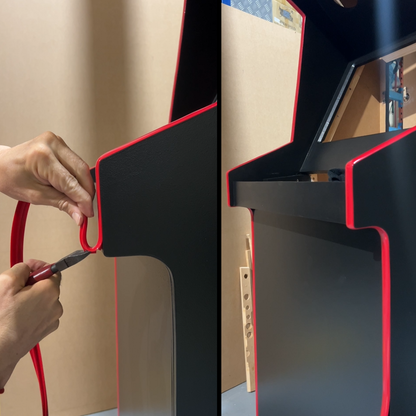 Step-by-step installation of red T-moulding onto a black arcade cabinet side panel, showcasing precision trimming and final fitted edge.