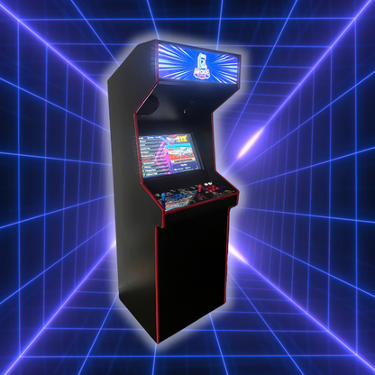 Full side view of retro arcade machine with glowing Arcade Revival marquee, artwork control panel, and 80s grid background.