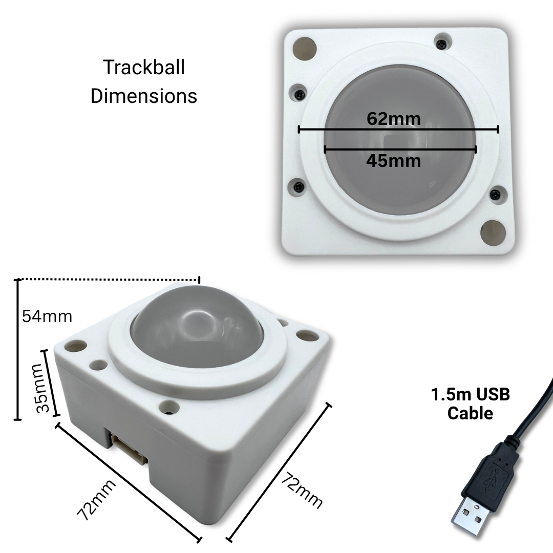 RGB USB arcade trackball dimensions showing size, ball diameter and USB cable length for arcade cabinets