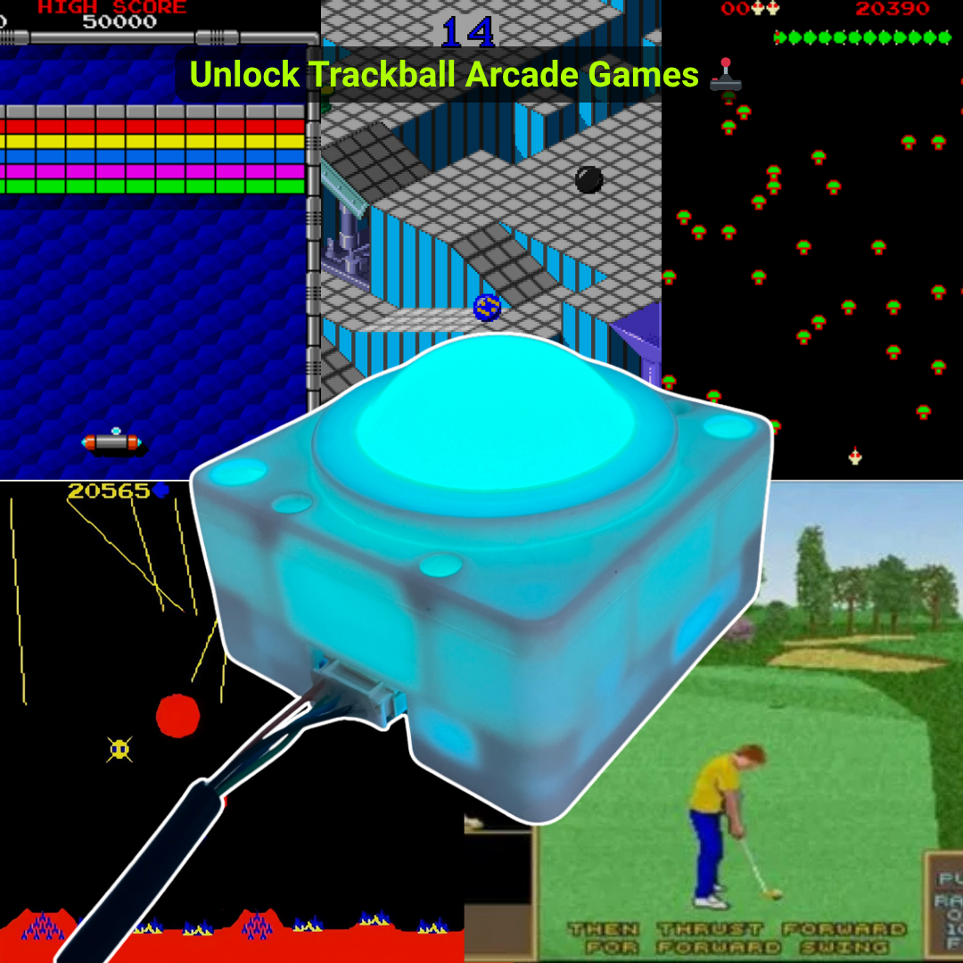 RGB illuminated USB arcade trackball shown with compatible arcade games including Golden Tee, Marble Madness, Centipede and Arkanoid