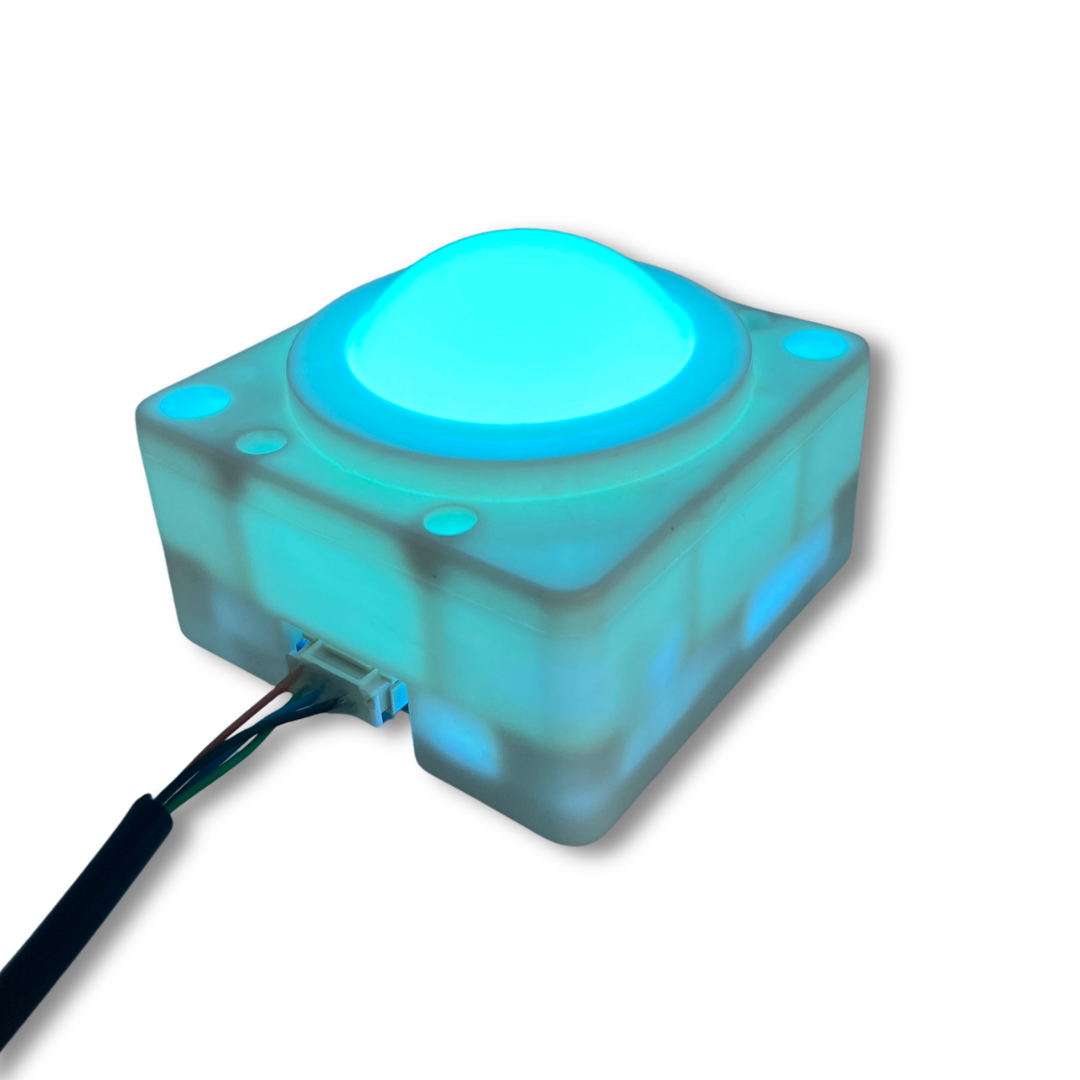 RGB illuminated USB arcade trackball glowing in cyan for arcade machines and cabinets