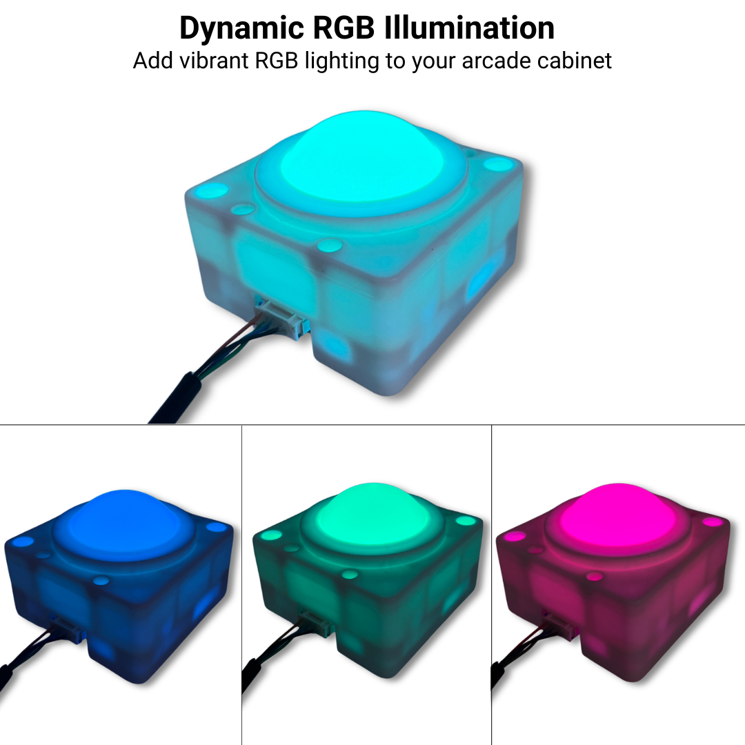 RGB illuminated USB arcade trackball showing multiple glow colours for arcade cabinets