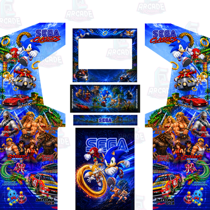 SEGA Classics arcade cabinet wrap kit without marquee featuring Sonic, Knuckles, Golden Axe, Streets of Rage, Shinobi, Space Harrier and Daytona USA artwork