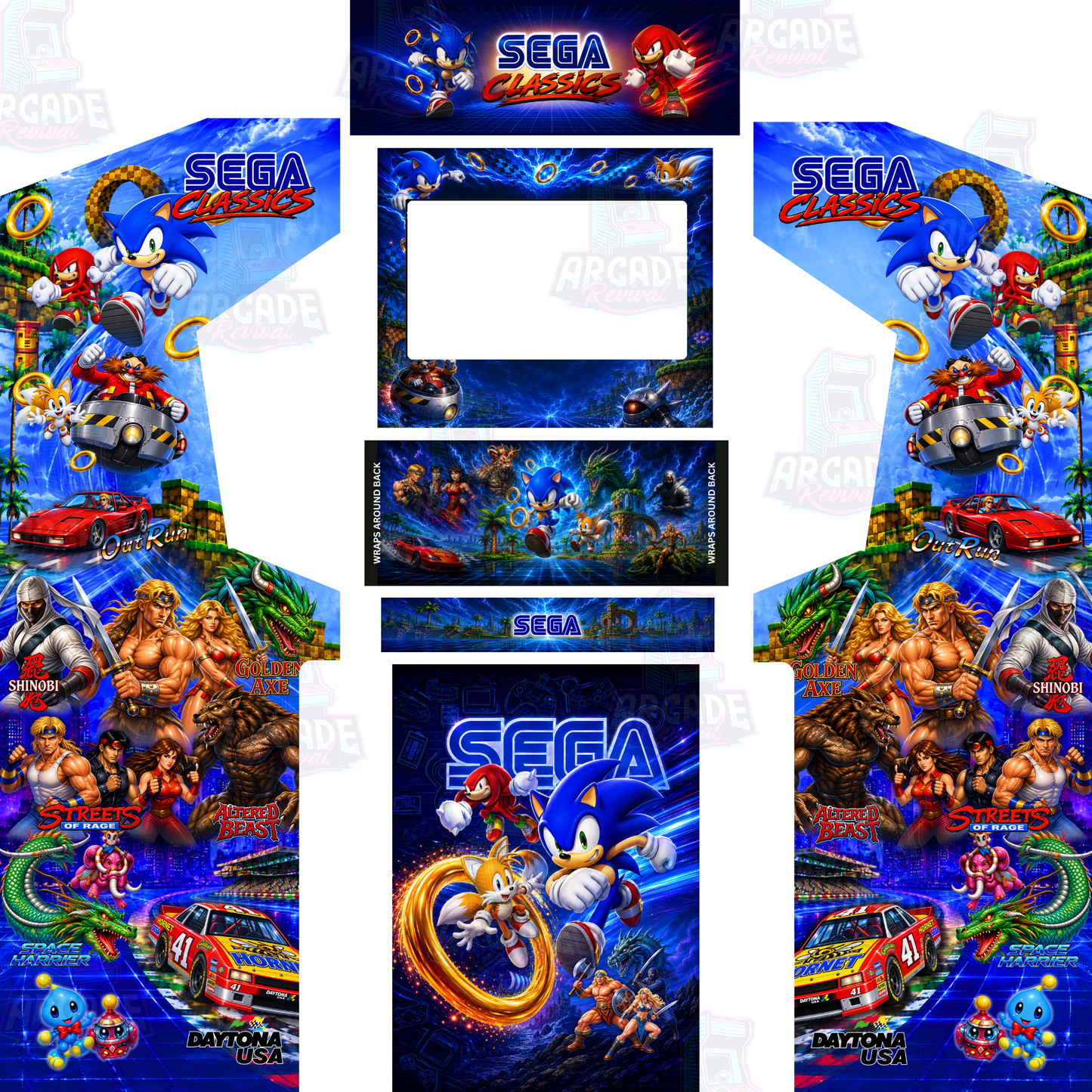 SEGA Classics arcade cabinet wrap kit with marquee featuring Sonic, Knuckles, Tails and classic SEGA arcade game artwork