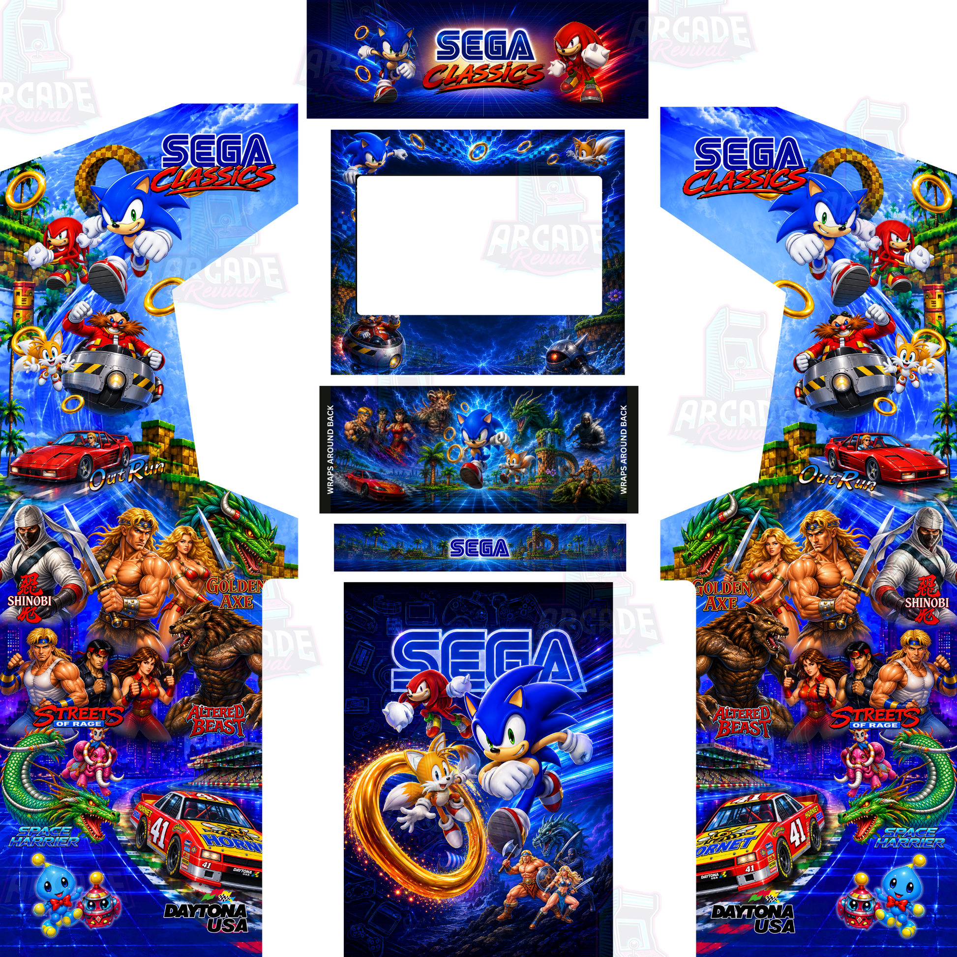 SEGA Classics arcade cabinet wrap kit with marquee featuring Sonic, Knuckles, Tails and classic SEGA arcade game artwork