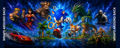 Sega Classics inspired arcade control panel overlay featuring Sonic and Tails with iconic Sega characters against a dramatic electric blue backdrop for DIY arcade cabinet builds.