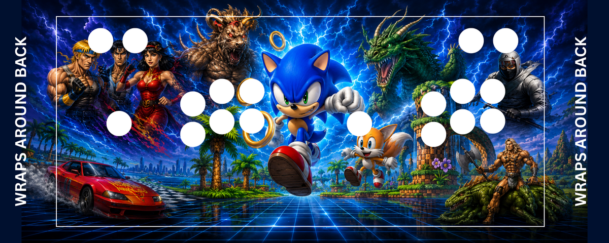 Sega Classics inspired arcade control panel overlay with 2 player button layout featuring Sonic and Tails with iconic Sega characters against a dramatic electric blue backdrop for DIY arcade cabinet builds