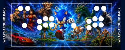 Sega Classics inspired arcade control panel overlay with 2 player button layout featuring Sonic and Tails with iconic Sega characters against a dramatic electric blue backdrop for DIY arcade cabinet builds