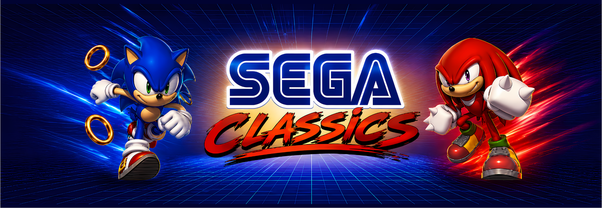 Sega Classics inspired arcade marquee featuring Sonic and Knuckles flanking the bold Sega Classics logo against a deep electric blue grid backdrop for arcade cabinets.