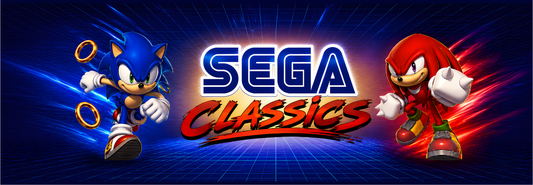 Sega Classics inspired arcade marquee featuring Sonic and Knuckles flanking the bold Sega Classics logo against a deep electric blue grid backdrop for arcade cabinets.