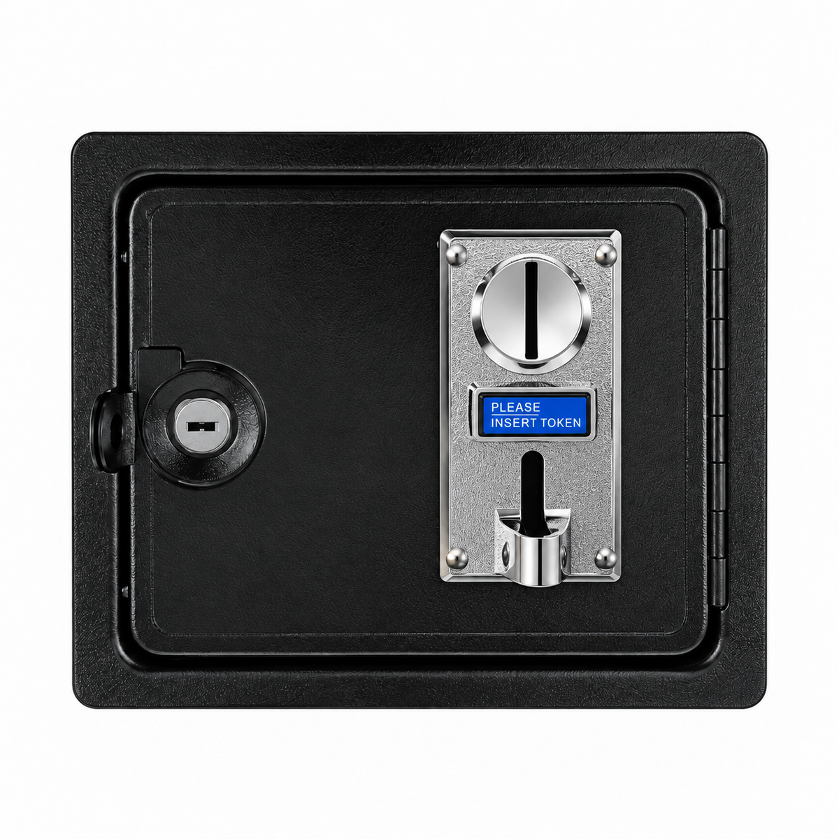 Black arcade coin door with single coin acceptor installed and lock fitted for DIY arcade cabinet builds.