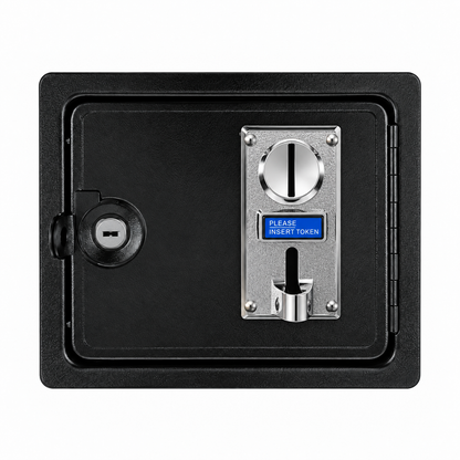 Black arcade coin door with single coin acceptor installed and lock fitted for DIY arcade cabinet builds.