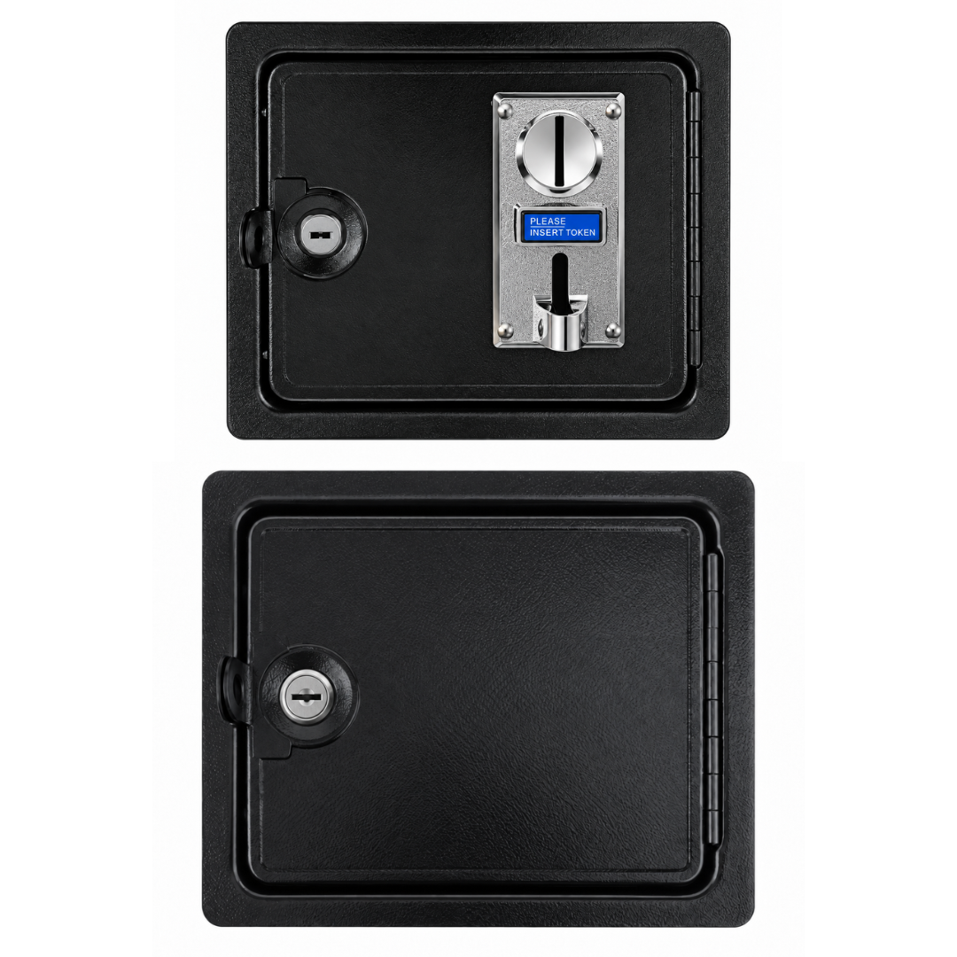 Single arcade coin acceptor door with lock and key shown above a separate blank lower cash access door for easy coin collection and cabinet access.