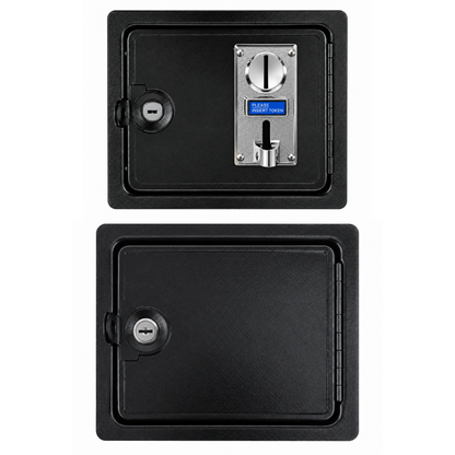 Single arcade coin acceptor door with lock and key shown above a separate blank lower cash access door for easy coin collection and cabinet access.