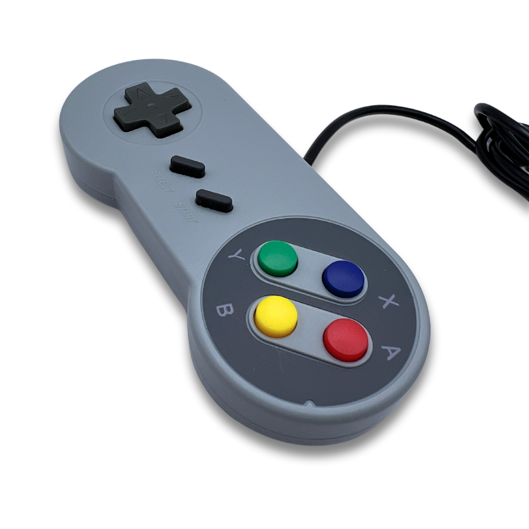 Side view of SNES-style USB controller with trailing cable and tactile button layout for classic emulator gaming.