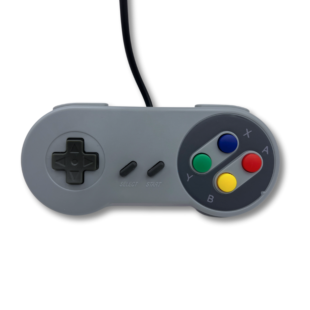 Front top view of SNES USB gamepad with classic 6-button layout and upward trailing cable.