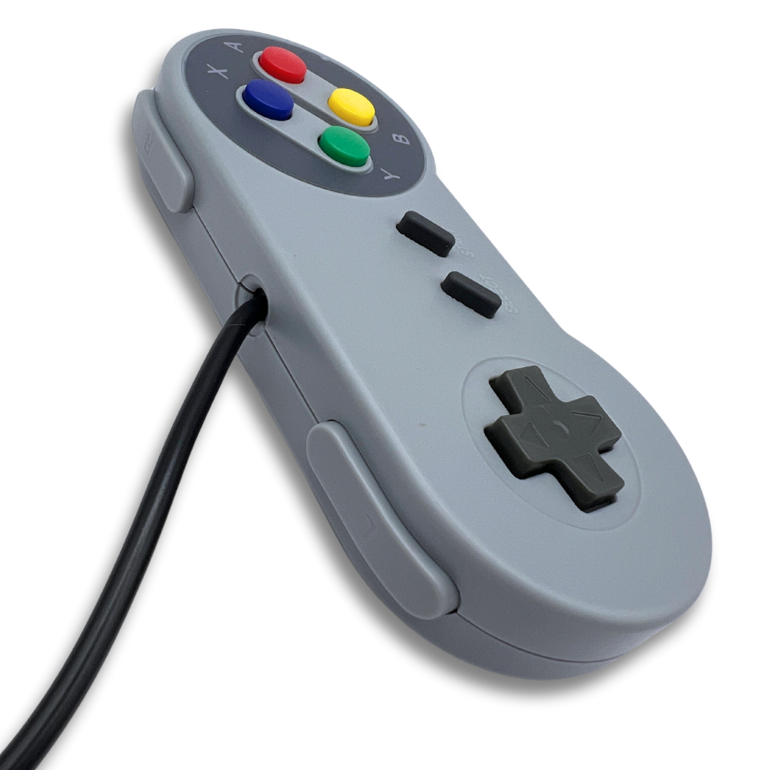 Top angle view of SNES-inspired USB controller showing shoulder L and R buttons, cable insertion point, and layout.