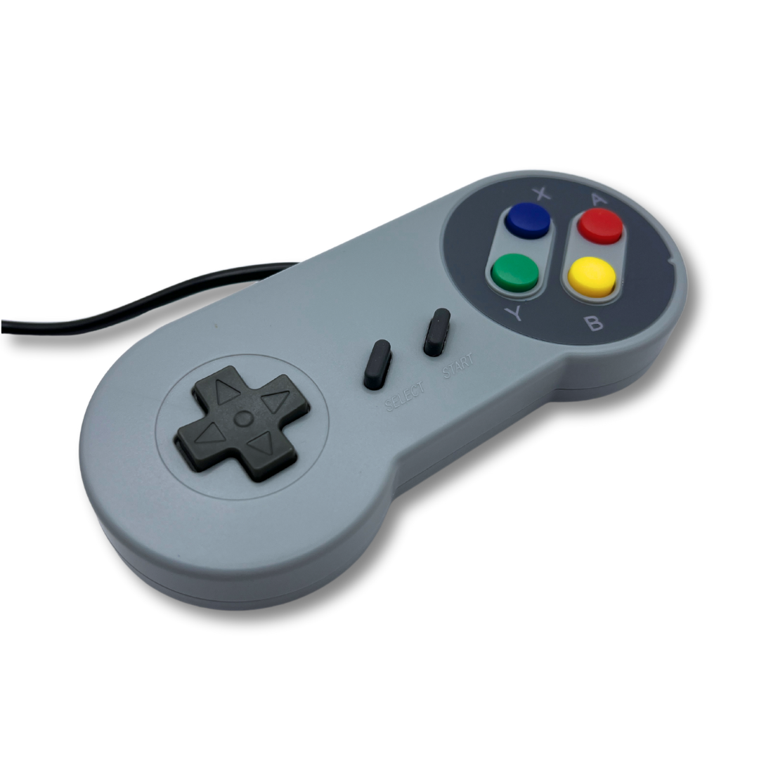 Angled front view of SNES USB game controller with rainbow-colored buttons and wired connection for plug-and-play use.