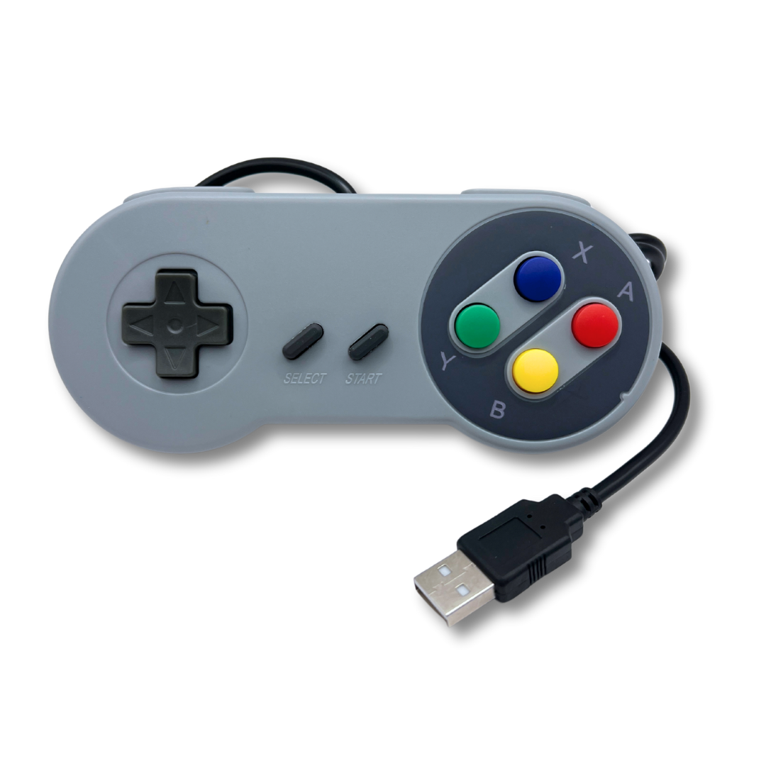 SNES-style wired USB controller with visible USB plug and traditional Super Nintendo button configuration.