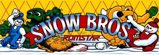 Snow Bros. arcade marquee reproduction featuring the original 1990 Toaplan artwork with Nick and Tom snowmen characters and colourful enemies against a bold yellow backdrop for arcade cabinets.