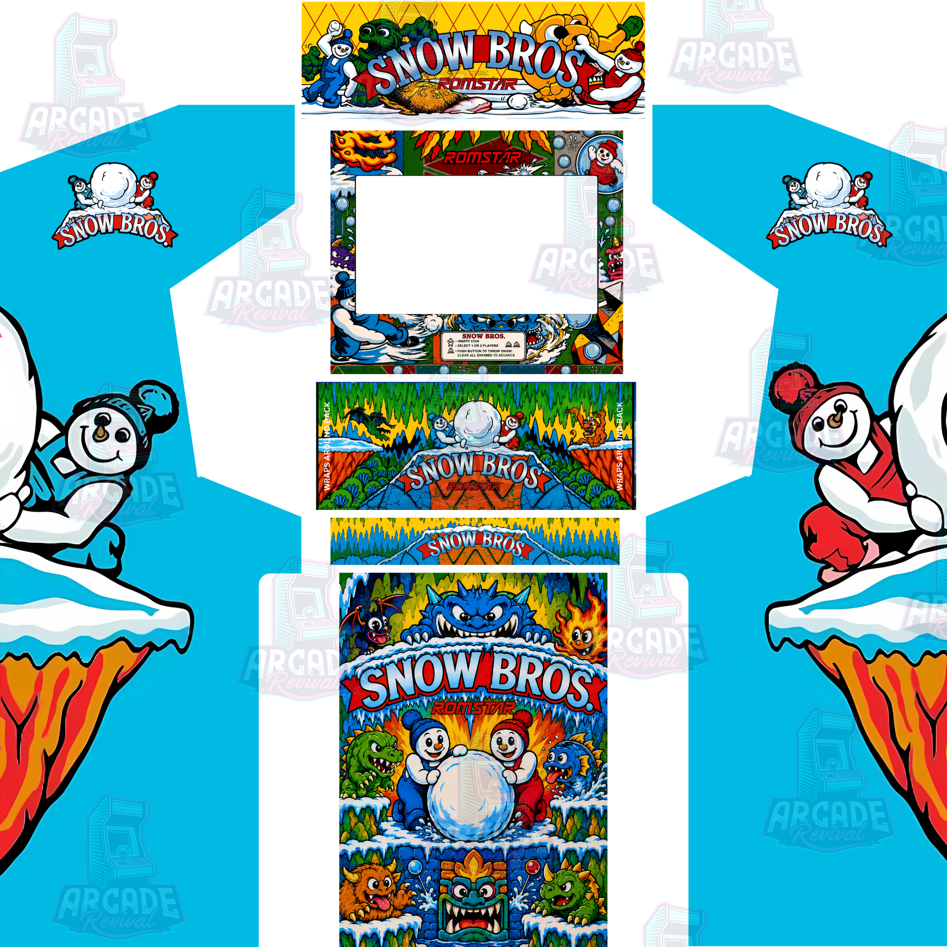 Snow Bros Classic Reproduction full arcade cabinet wrap kit with side panels, marquee, screen surround, control panel and kick panel artwork.