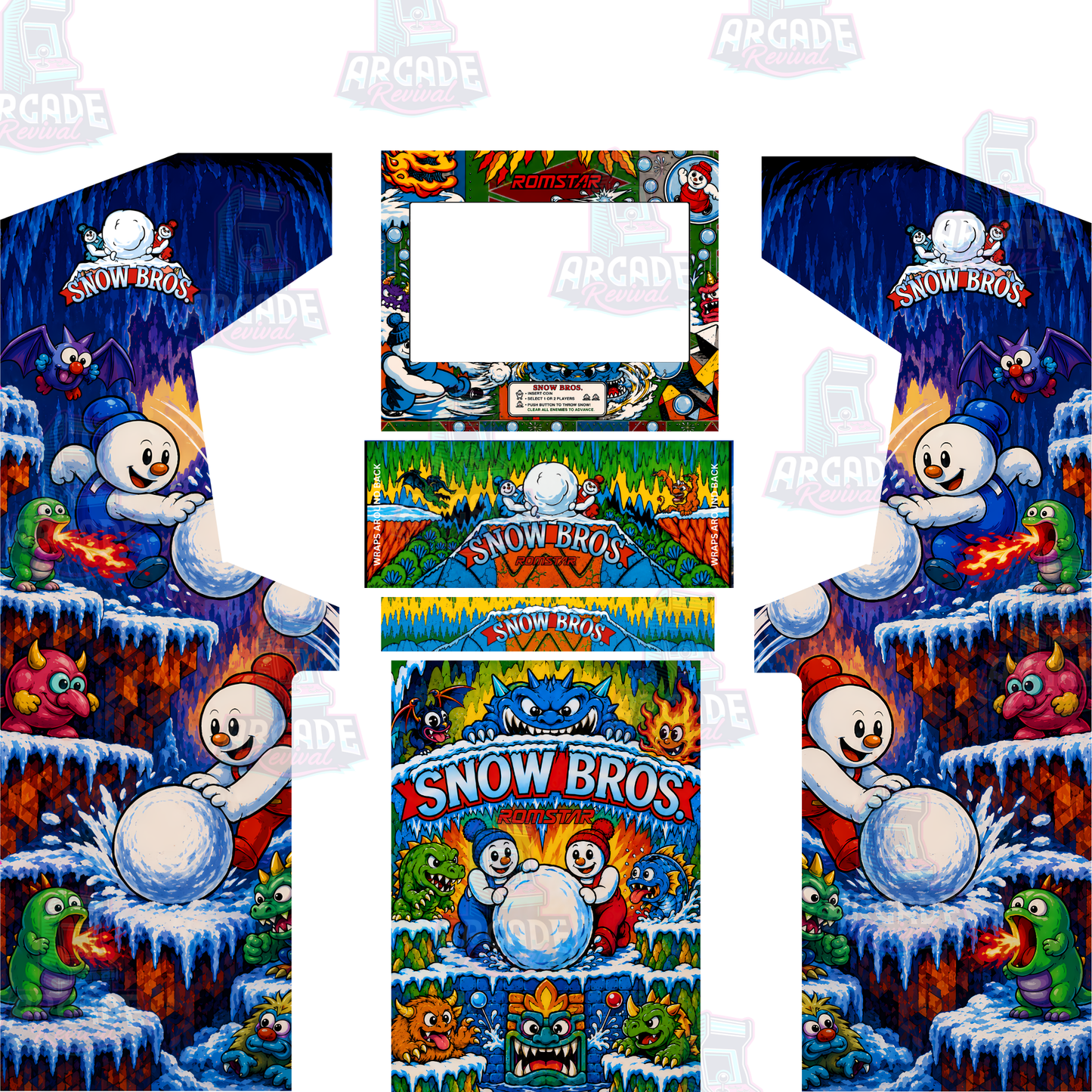 Snow Bros Modern Edition arcade cabinet wrap kit with upgraded side panels with original screen surround, control panel and kick panel artwork, shown without the marquee.