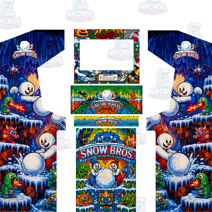 Snow Bros Modern Edition arcade cabinet wrap kit with upgraded side panels with original screen surround, control panel and kick panel artwork, shown without the marquee.