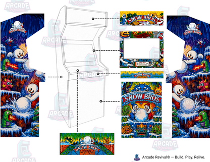 Snow Bros Modern Edition arcade cabinet wrap mockup showing the placement of each artwork panel on an Arcade Revival upright cabinet.