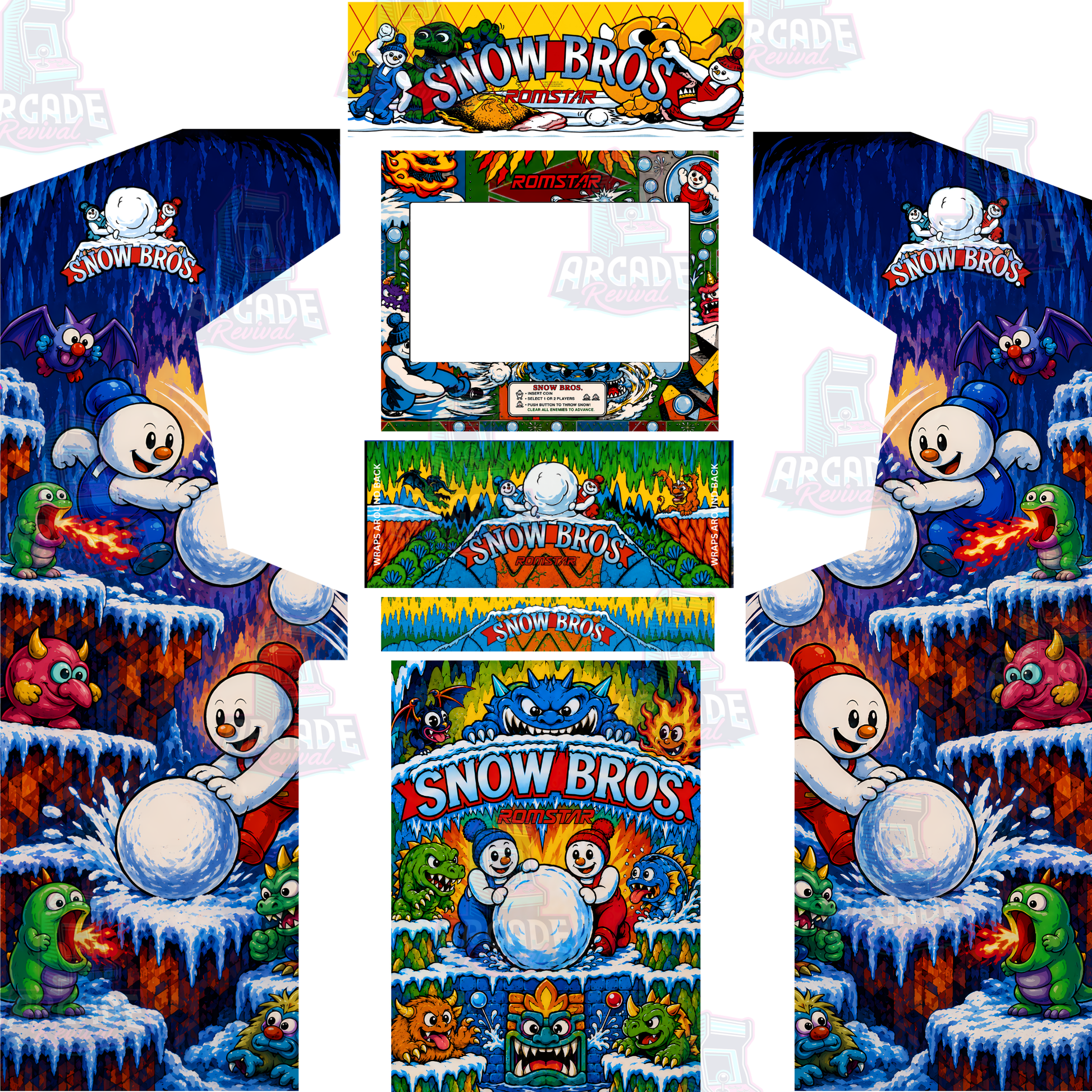 Snow Bros Modern Edition full arcade cabinet wrap kit with upgraded action side panels with original marquee, screen surround, control panel and kick panel artwork.