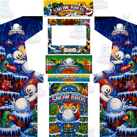 Snow Bros Modern Edition full arcade cabinet wrap kit with upgraded action side panels with original marquee, screen surround, control panel and kick panel artwork.