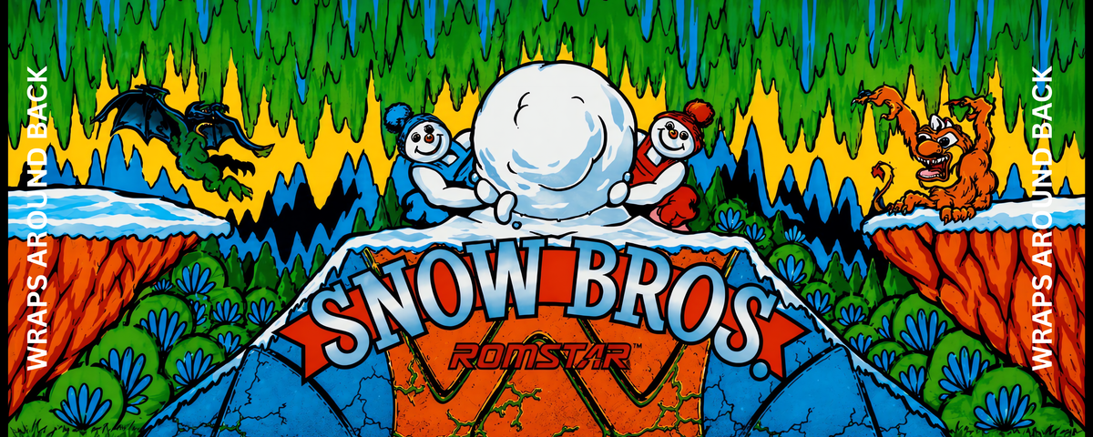 Snow Bros. reproduction control panel overlay featuring original 1990 Toaplan artwork with Nick and Tom snowmen and bold Snow Bros. Romstar logo against a vibrant mountain landscape for DIY arcade cabinet builds.