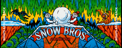 Snow Bros. reproduction control panel overlay featuring original 1990 Toaplan artwork with Nick and Tom snowmen and bold Snow Bros. Romstar logo against a vibrant mountain landscape for DIY arcade cabinet builds.