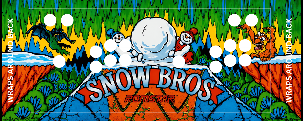 Snow Bros. reproduction control panel overlay with 2 player button layout featuring original 1990 Toaplan artwork with Nick and Tom snowmen and bold Snow Bros. Romstar logo against a vibrant mountain landscape for DIY arcade cabinet builds.
