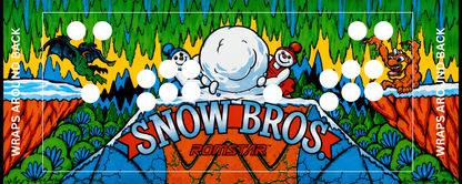 Snow Bros. reproduction control panel overlay with 2 player button layout featuring original 1990 Toaplan artwork with Nick and Tom snowmen and bold Snow Bros. Romstar logo against a vibrant mountain landscape for DIY arcade cabinet builds.