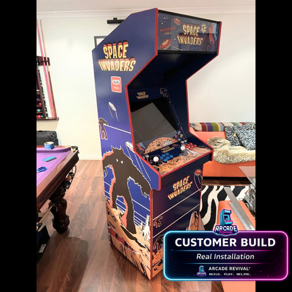 Space Invaders arcade cabinet customer build featuring Arcade Revival vinyl wrap with retro side panel artwork, custom control panel and classic arcade styling