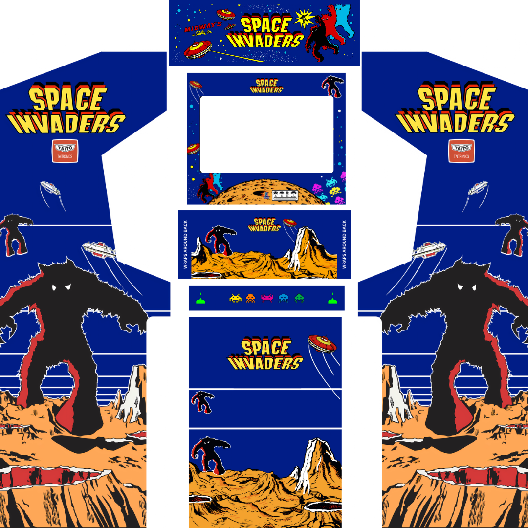 Space Invaders arcade cabinet wrap full kit layout showing side panels, control panel, marquee, screen bezel and front artwork