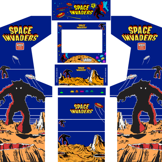 Space Invaders arcade cabinet wrap full kit layout showing side panels, control panel, marquee, screen bezel and front artwork